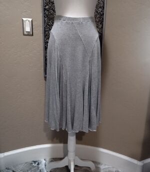 Helene Gray Knit Flared Midi Skirt with Metallic Exposed Stitching